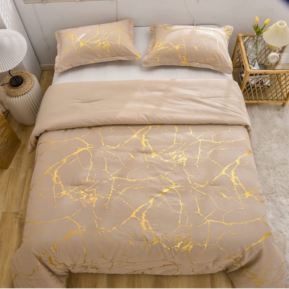 Queen Taupe Marble Comforter Set, Gold Metallic Foil Printed - Picture 3 of 7